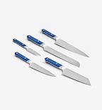 Misen 5-piece kitchen knife set with blue handles including chef, bread, santoku, utility, and paring knives