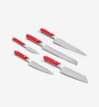 Misen 5-piece kitchen knife set with red handles, including chef, bread, and utility knives