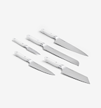 Misen 5-piece kitchen knife set with white handles including chef, bread, santoku, utility, and paring knives