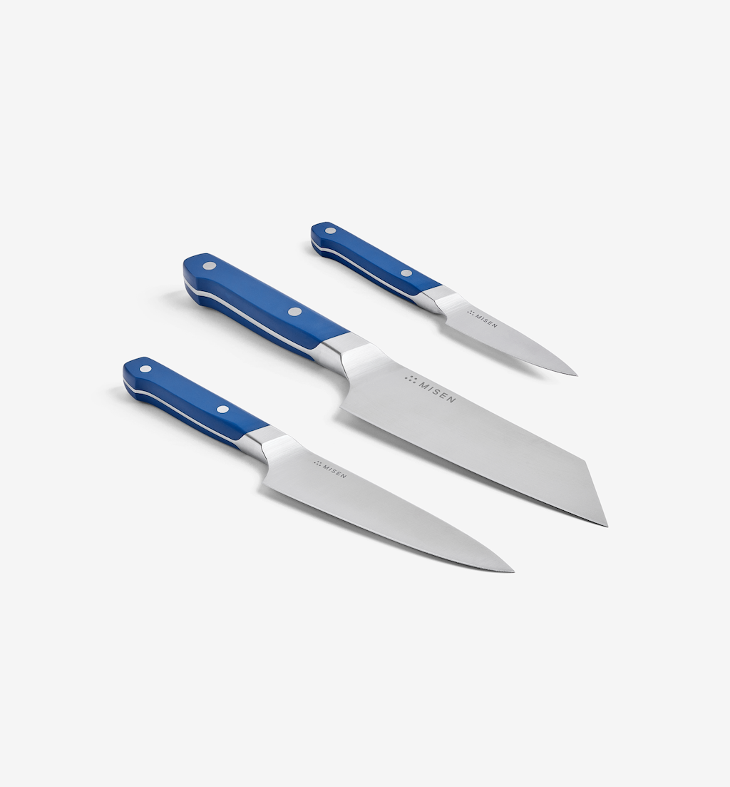 Misen 3-piece kitchen knife set with blue handles including chef, santoku, and paring knives