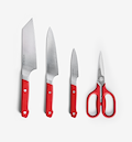 Misen 4-piece kitchen knife set with red handles including chef's knife, utility knife, paring knife, and shears
