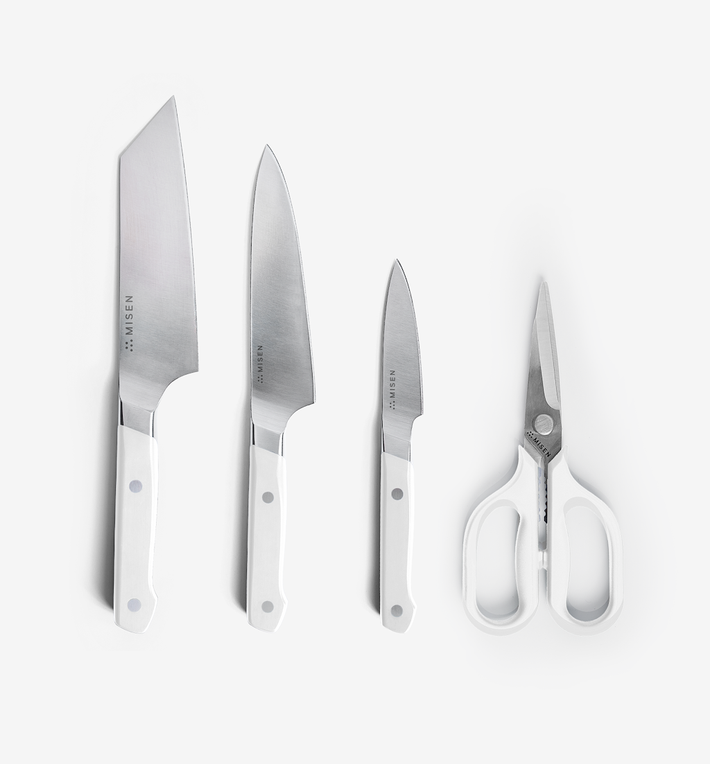 Misen kitchen knife set with chef knife, santoku, paring knife, and shears in white