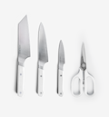 Misen kitchen knife set with chef knife, santoku, paring knife, and shears in white