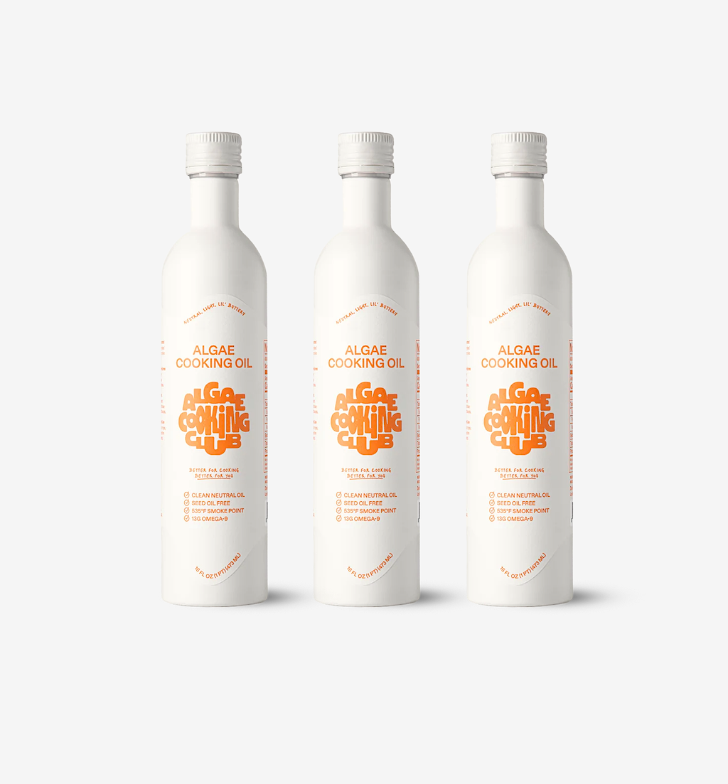 Algae Cooking Club algae cooking oil in white aluminum bottles, seed oil free with 535°F smoke point and 13g Omega-9