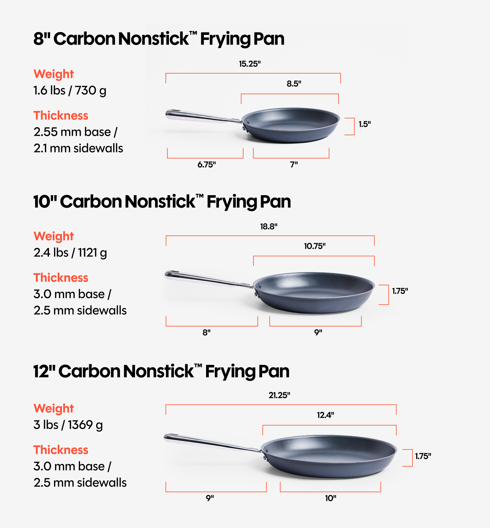 8" + 10" + 12" Carbon Nonstick™ Frying Pan + Glass Lids