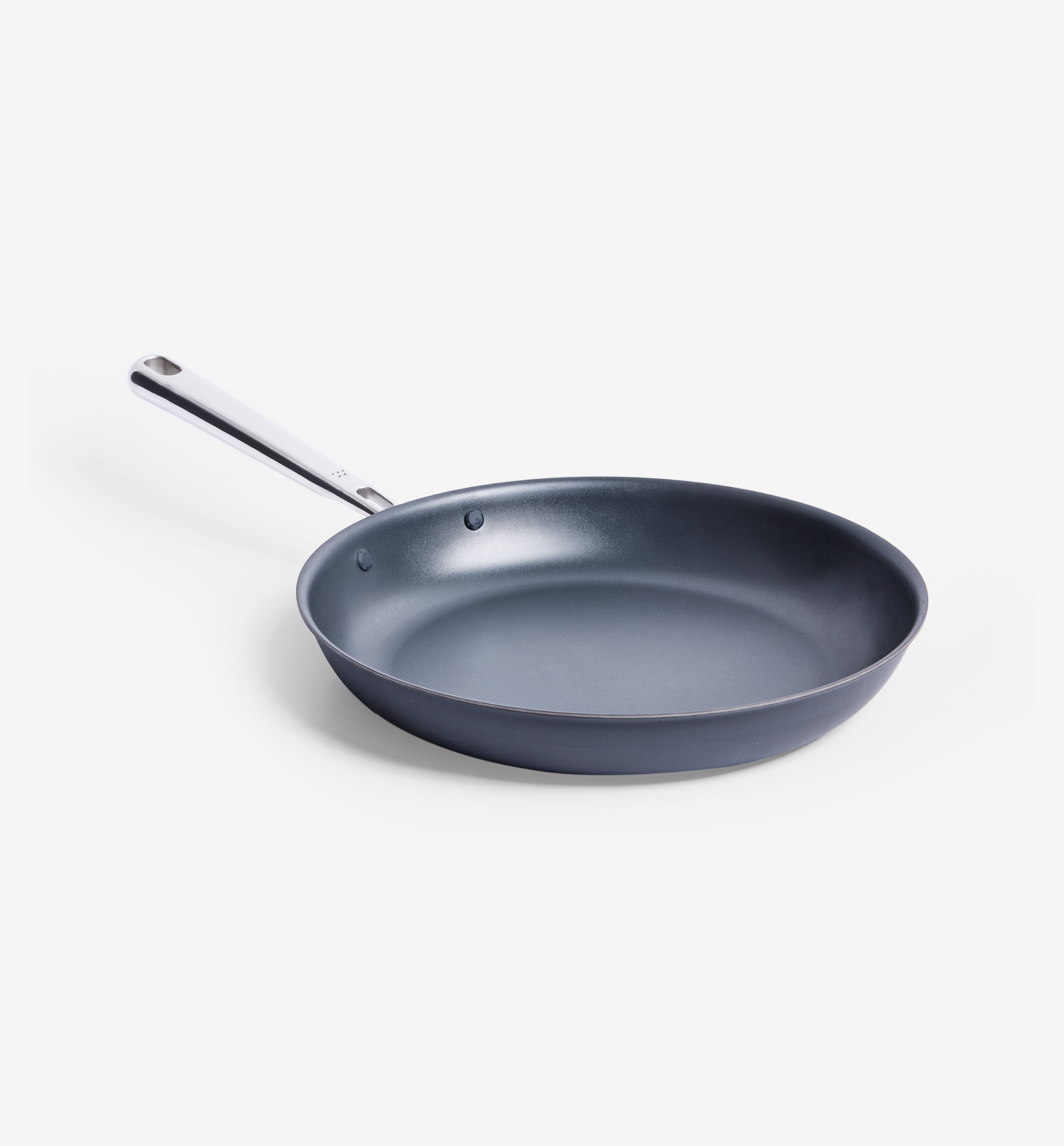 Nonstick ceramic frying pan with stainless steel handle in dark blue-gray