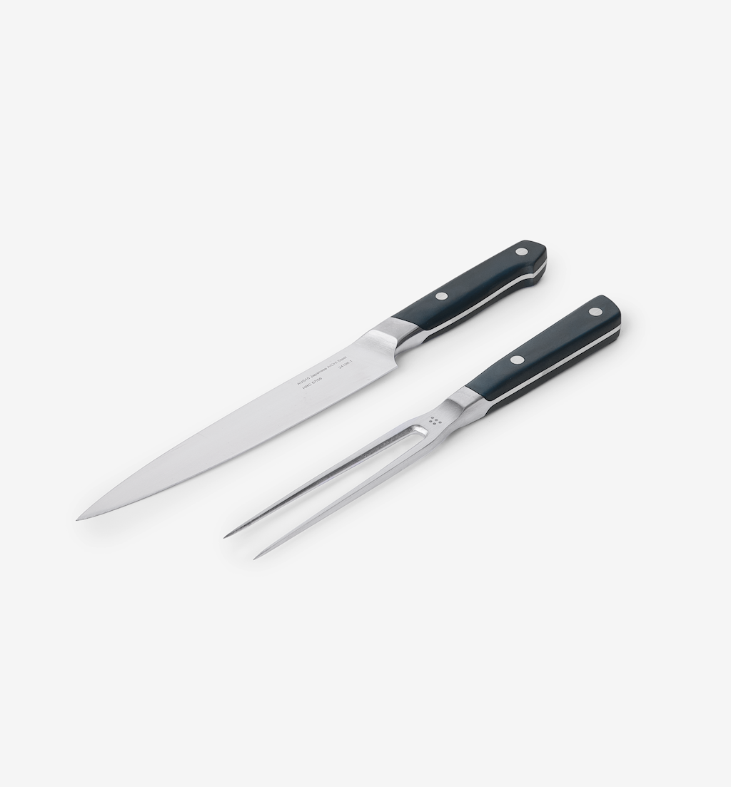 Professional carving knife and fork set with black handles and stainless steel blades