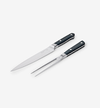 Professional carving knife and fork set with black handles and stainless steel blades