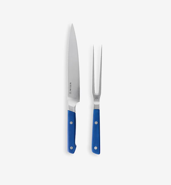 Misen carving knife and meat fork set with blue handles
