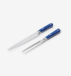Stainless steel carving knife and meat fork set with blue handles