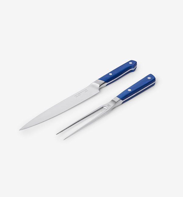 Stainless steel carving knife and meat fork set with blue handles
