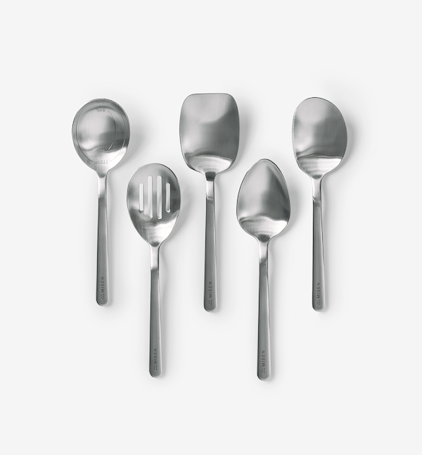 Misen 5-piece stainless steel kitchen utensil set with spoons, slotted spoon, and spatula