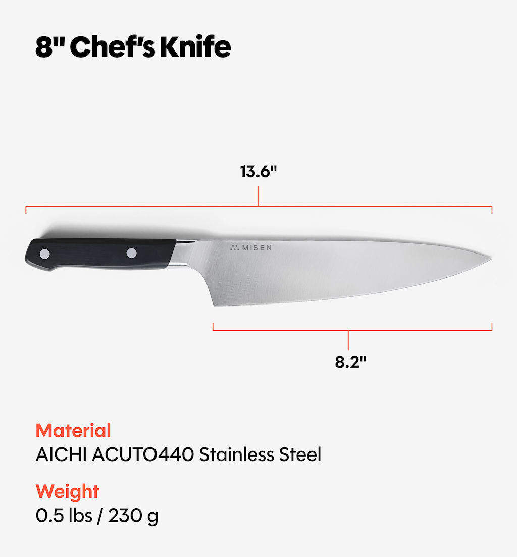 Misen 8-inch Chef's Knife specs: AICHI ACUTO440 stainless steel, 13.6" overall, 8.2" blade, 0.5 lbs