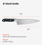 Misen 8-inch Chef's Knife specs: AICHI ACUTO440 stainless steel, 13.6" overall, 8.2" blade, 0.5 lbs