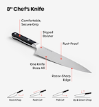 Misen 8-inch chef's knife infographic showing sloped bolster, rust-proof blade, razor-sharp edge, and four cutting techniques