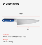 Misen 8-inch chef's knife with blue handle, AICHI ACUTO440 stainless steel, 13.6 inch overall length, 0.5 lbs