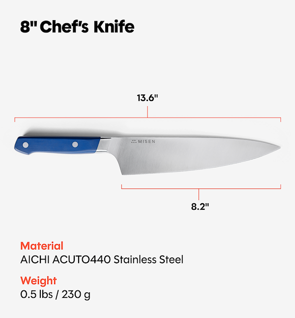 Misen 8-inch chef's knife with blue handle, AICHI ACUTO440 stainless steel, 13.6 inch overall length, 0.5 lbs