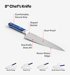 Misen 8-inch chef's knife with blue handle, featuring sloped bolster, rust-proof blade, razor-sharp edge, and four cutting techniques diagram