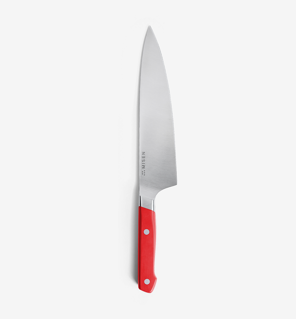 Misen chef's knife with red handle and stainless steel blade