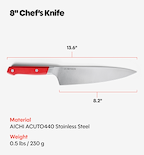Misen 8-inch chef's knife with red handle, AICHI ACUTO440 stainless steel, 13.6 inch overall length, 0.5 lbs
