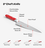 Misen 8-inch chef's knife features diagram showing sloped bolster, razor-sharp edge, rust-proof blade, and four cutting techniques