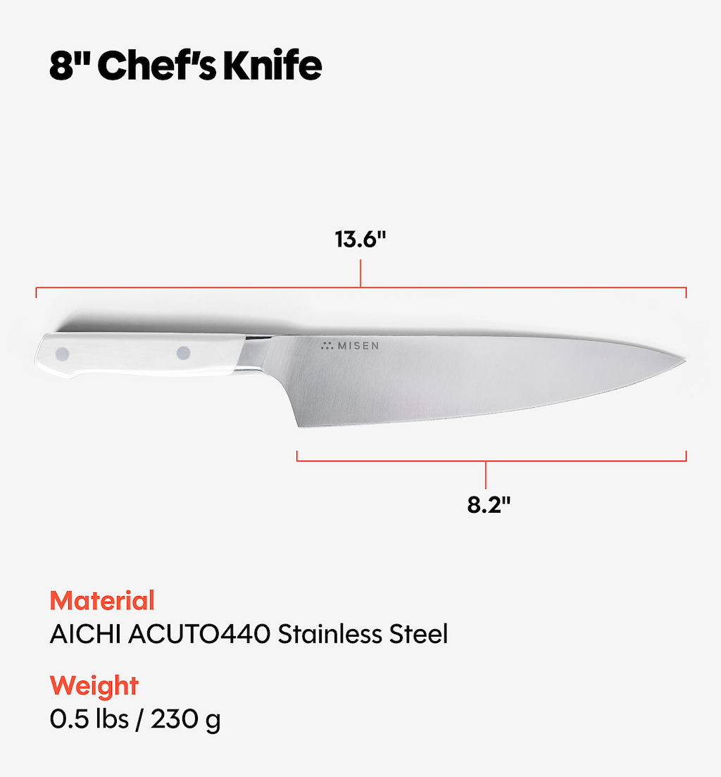 Misen 8-inch chef's knife specs: AICHI ACUTO440 stainless steel, 13.6-inch overall length, 8.2-inch blade, 0.5 lbs