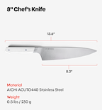 Misen 8-inch chef's knife specs: AICHI ACUTO440 stainless steel, 13.6-inch overall length, 8.2-inch blade, 0.5 lbs