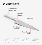 Misen 8-inch chef's knife infographic showing razor-sharp edge, rust-proof blade, sloped bolster, and four cutting techniques