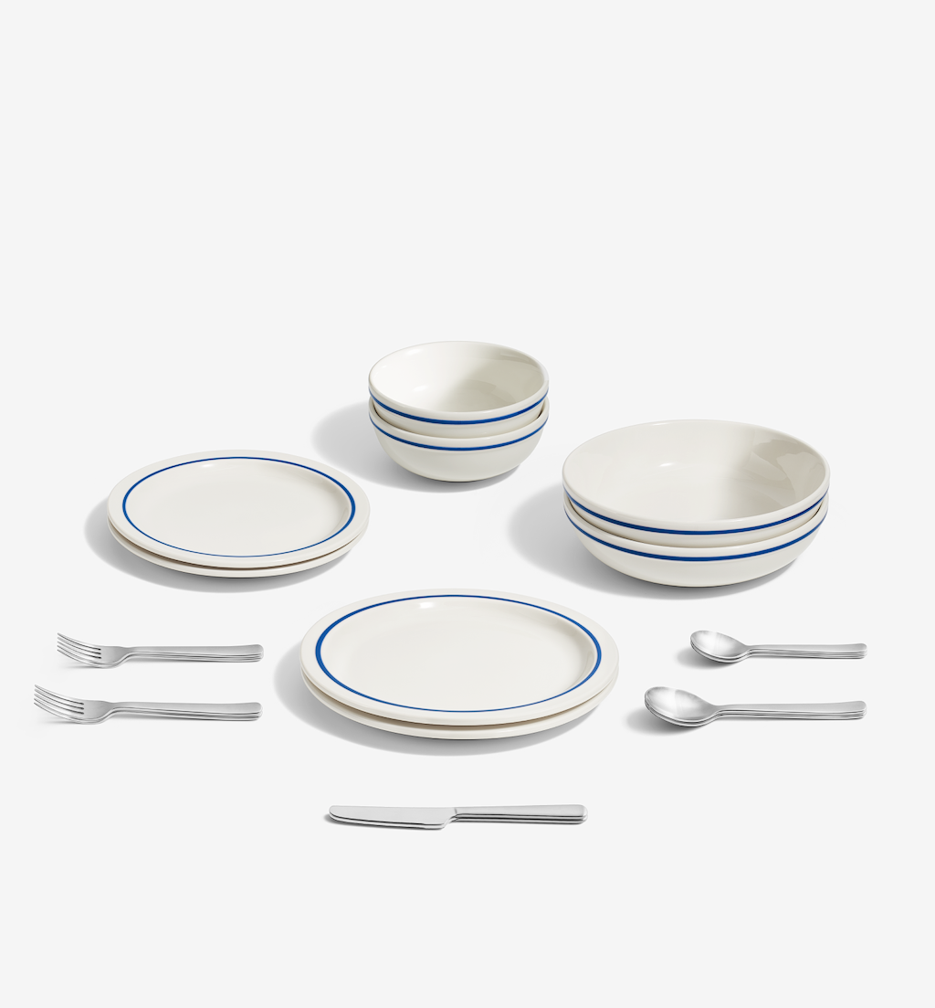18-Piece Dinnerware + Flatware Set (Serves 2) - Blue / Brushed