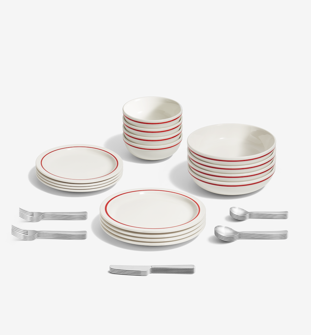 36-Piece Dinnerware + Flatware Set (Serves 4) - Red / Brushed