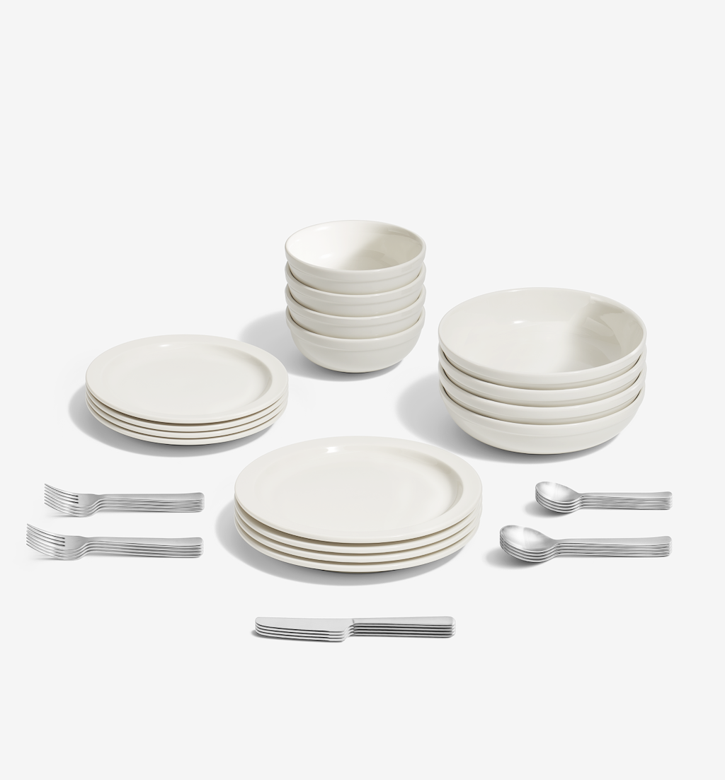 36-Piece Dinnerware + Flatware Set (Serves 4) - White / Brushed