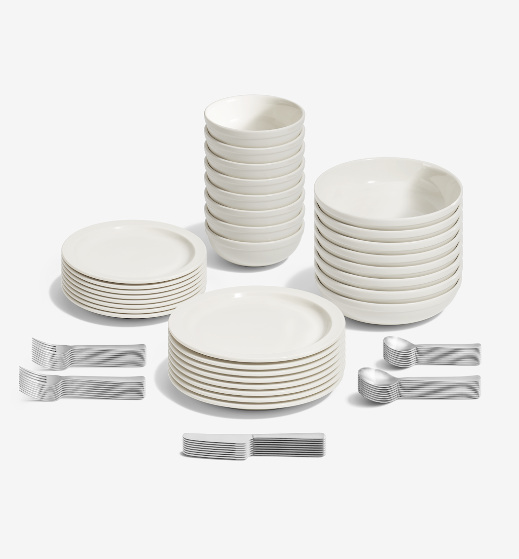 72-Piece Dinnerware + Flatware Set (Serves 8) - White / Brushed