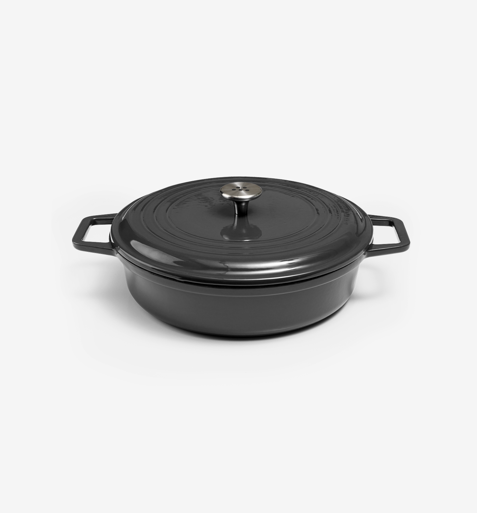 Black enameled cast iron braiser with lid and dual handles
