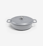 Grey enameled cast iron shallow casserole dish with lid and dual handles