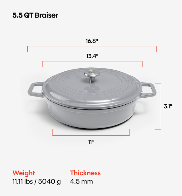 5.5 QT Enamel Cast-Iron Braiser - Gray - Final Sale