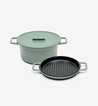 Sage green cast iron Dutch oven with lid and matching grill pan set