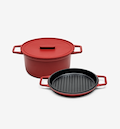 Red cast iron Dutch oven with lid and grill pan cookware set