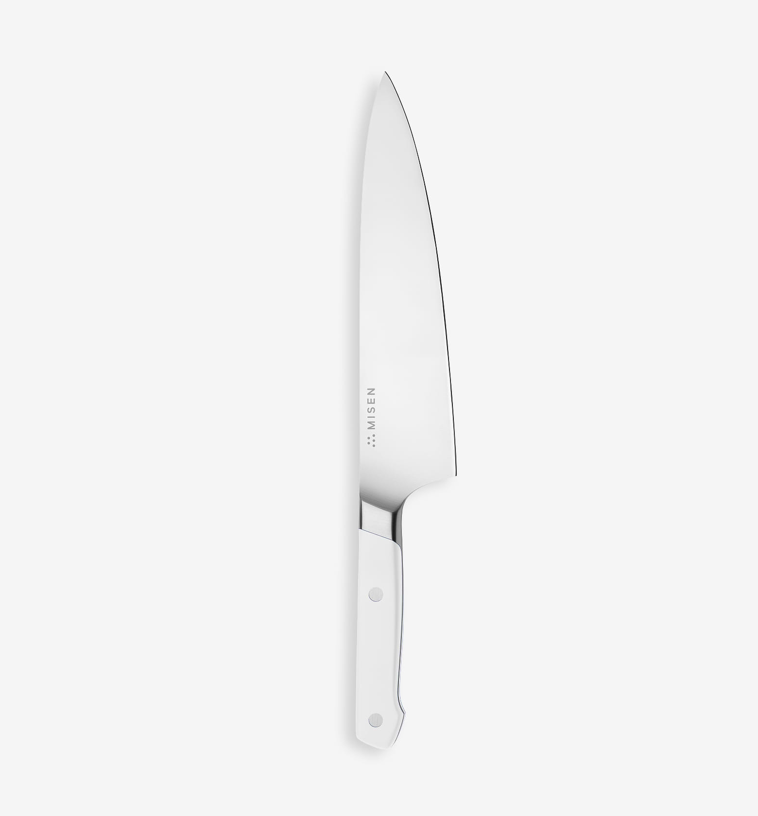 Misen chef's knife with white handle and polished stainless steel blade