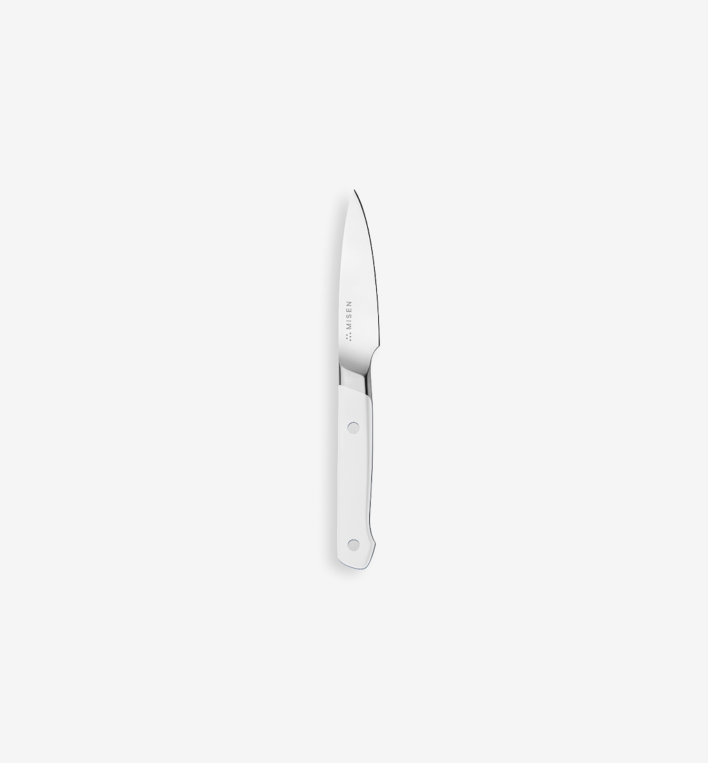 Misen paring knife with white handle and stainless steel blade