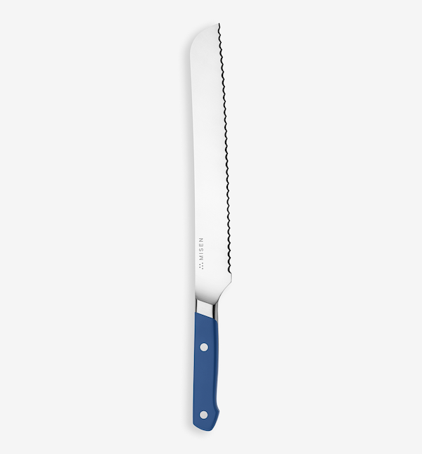 Misen bread knife with serrated blade and blue handle