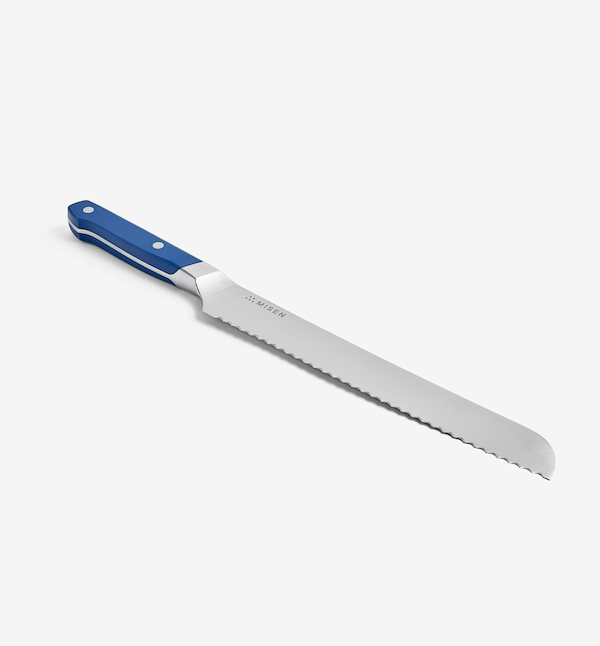 Misen bread knife with serrated blade and blue handle
