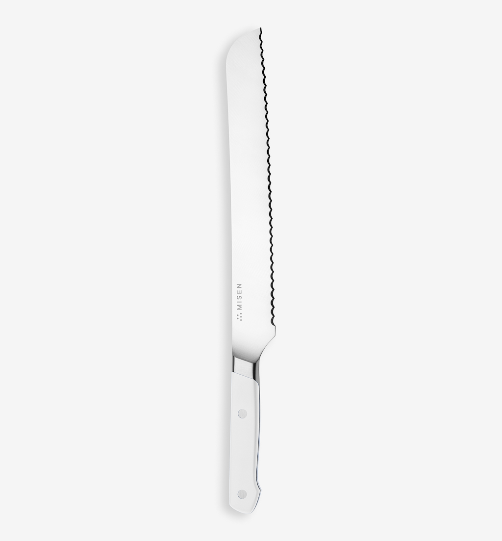 Misen serrated bread knife with white handle and stainless steel blade