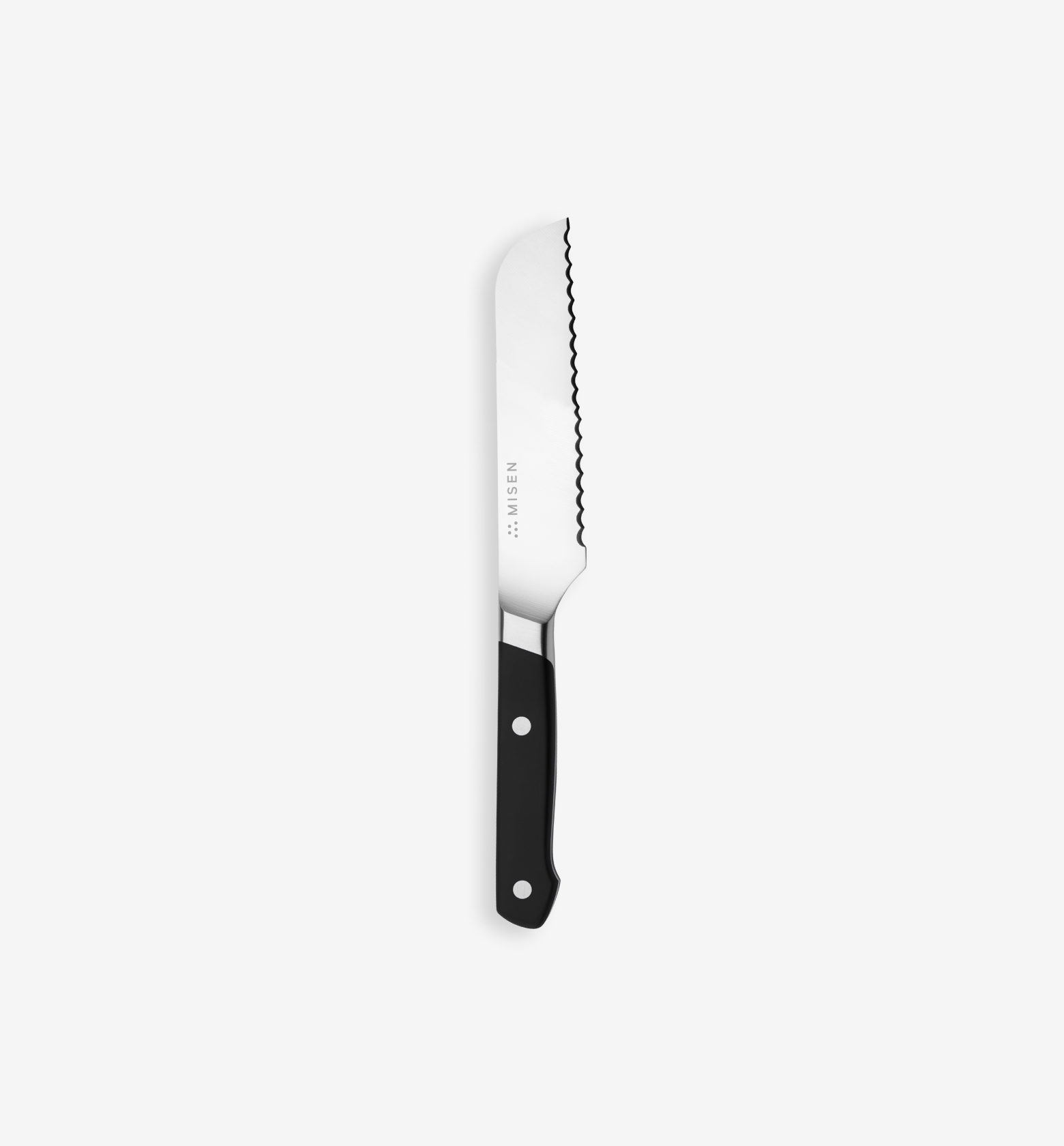 Misen serrated bread knife with black handle and stainless steel blade