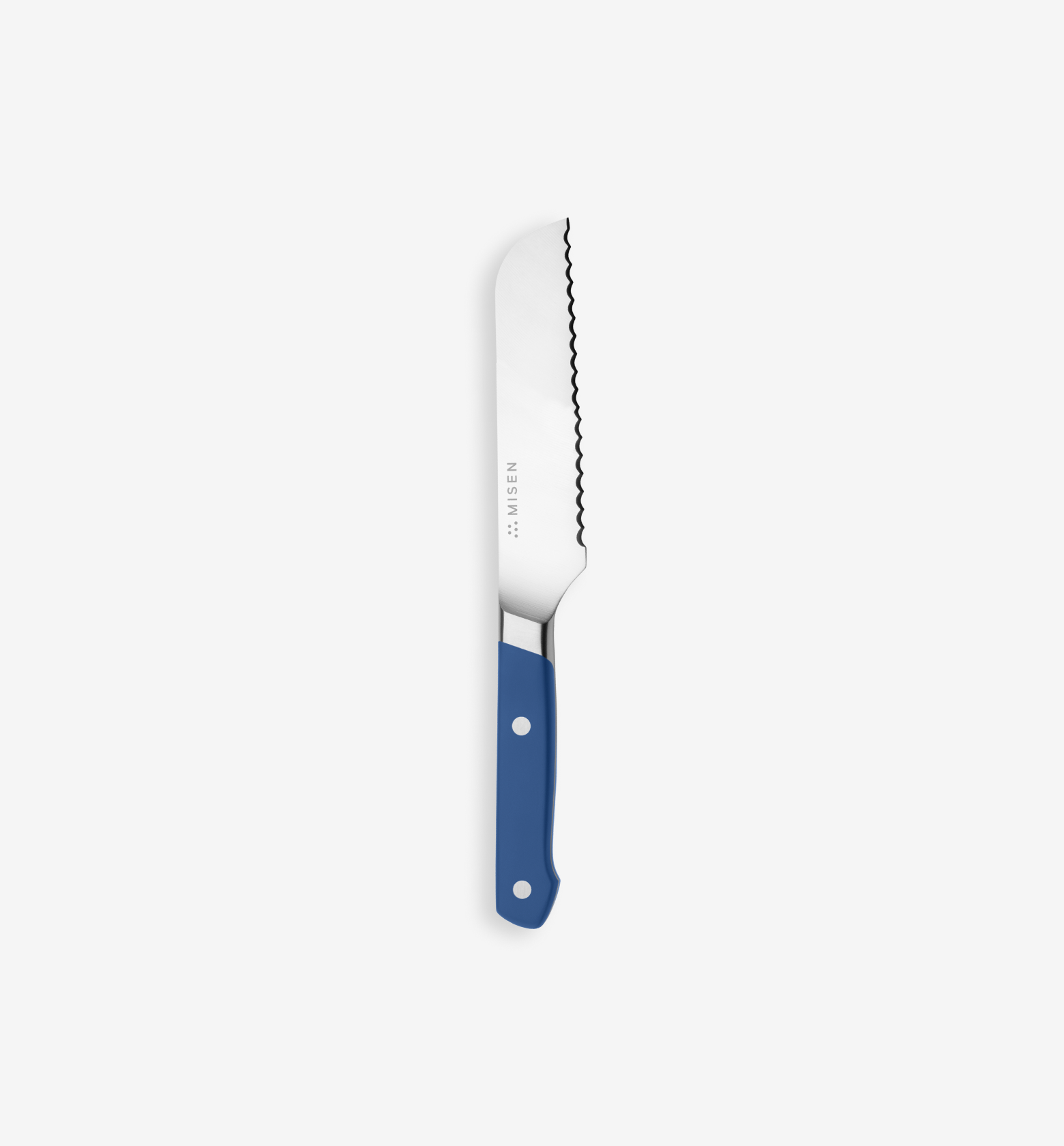 Misen serrated bread knife with blue handle and stainless steel blade