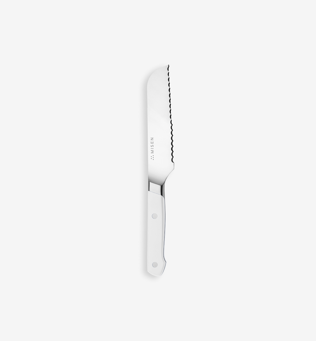 Misen serrated bread knife with white handle and stainless steel blade