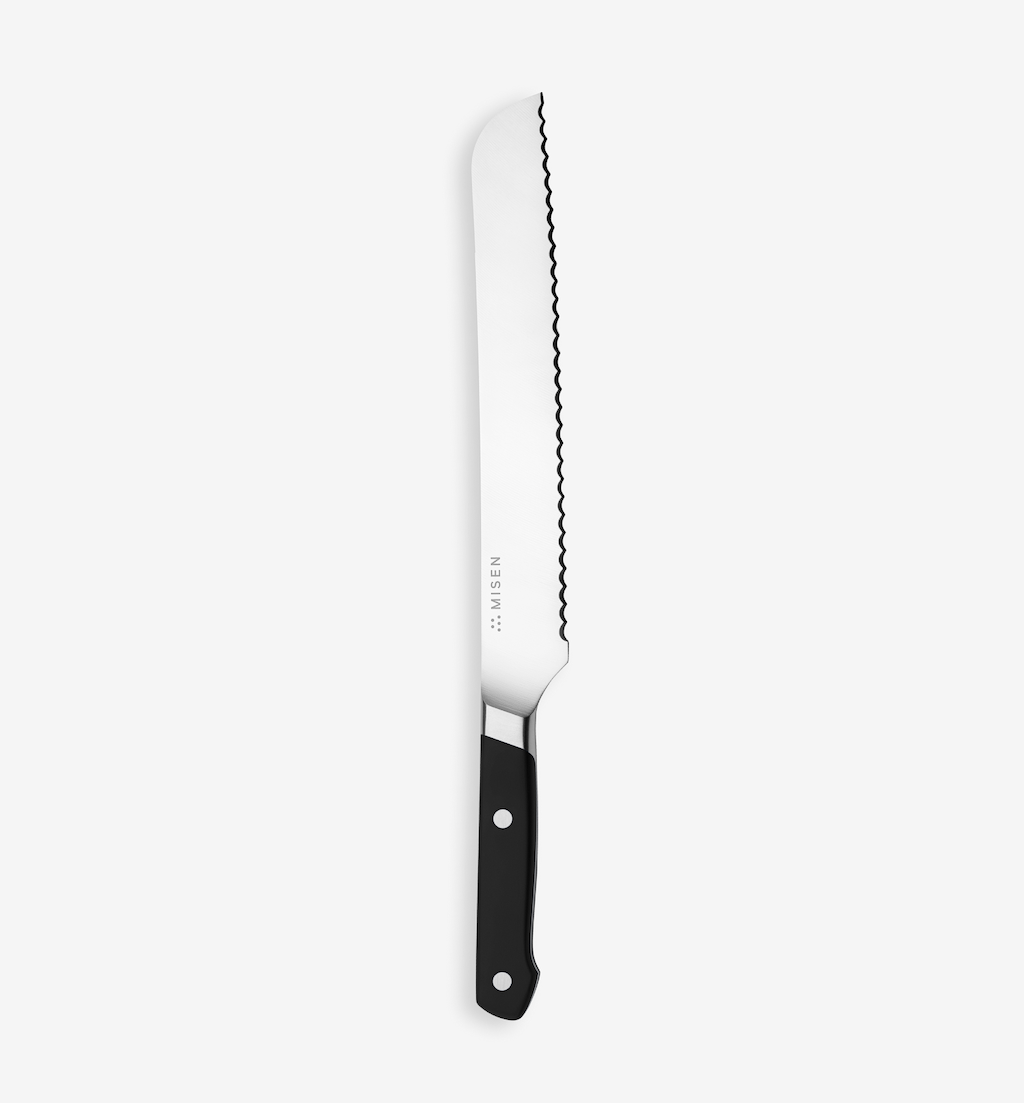 Misen serrated bread knife with black handle and stainless steel blade