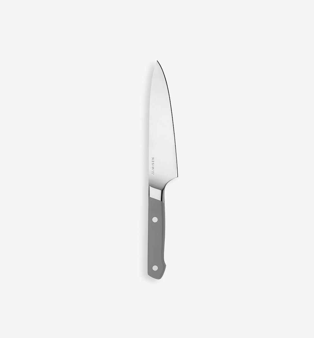 Misen chef's knife with polished stainless steel blade and gray handle