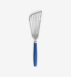 Stainless steel slotted fish spatula with blue silicone handle