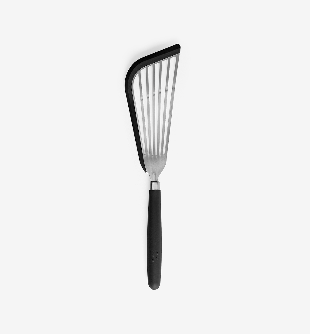 Slotted fish spatula with stainless steel head and black soft-grip handle
