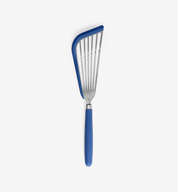 Slotted fish spatula with blue silicone handle and stainless steel blade